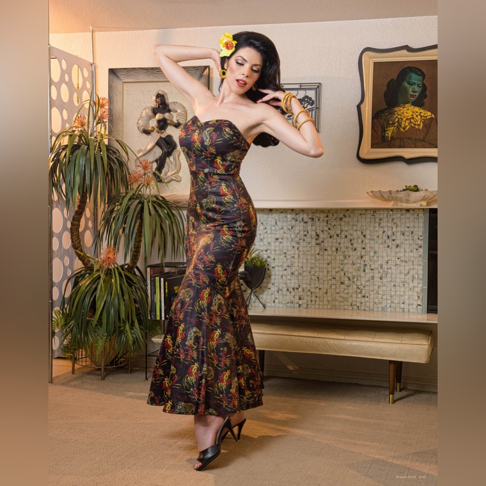 Strapless Floral Mermaid Dress in Black and Gold